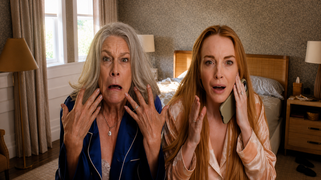 Cena do filme Sexta-feira Muito Louca mostra duas mulheres em um quarto olhando assustadas para a câmera. Uma delas segura um celular enquanto ambas demonstram surpresa após um acontecimento inesperado.
