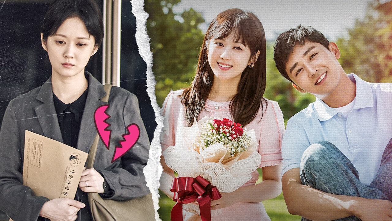 Montagem promocional de dorama mostra uma mulher com expressão triste segurando um envelope, enquanto ao lado aparece um casal sorridente ao ar livre. Um ícone de coração partido separa as duas cenas, sugerindo conflito amoroso e superação.
