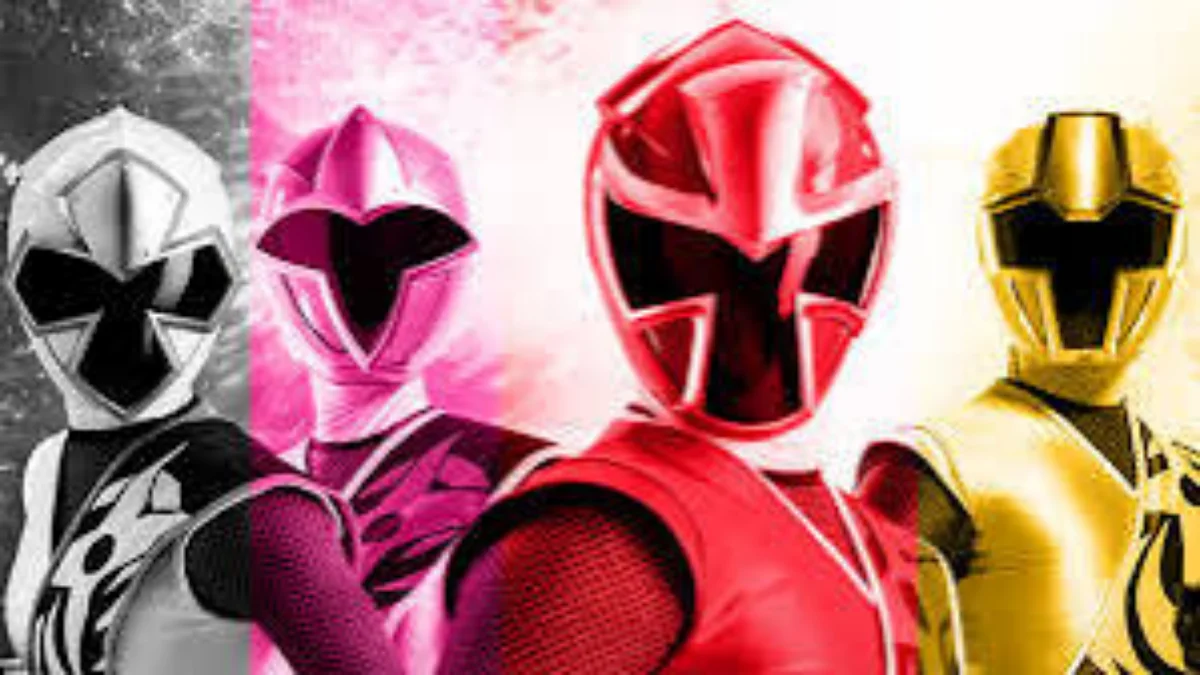 Power Rangers com Rangers Branco, Rosa, Vermelho e Amarelo em montagem colorida